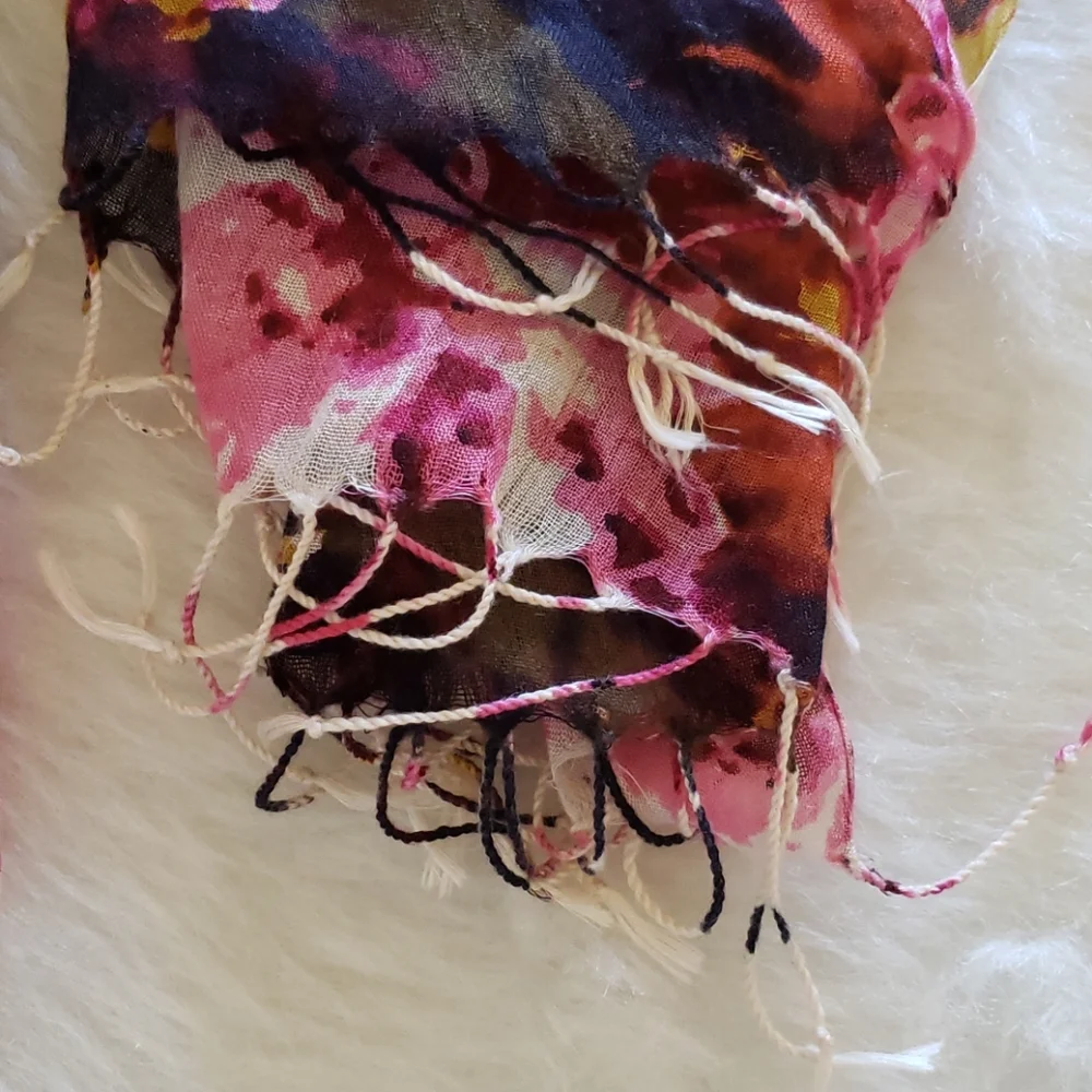 BURGUNDY Pink Floral Boho Preppy Abstract Print Fringe Lightweight Fashion Scarf